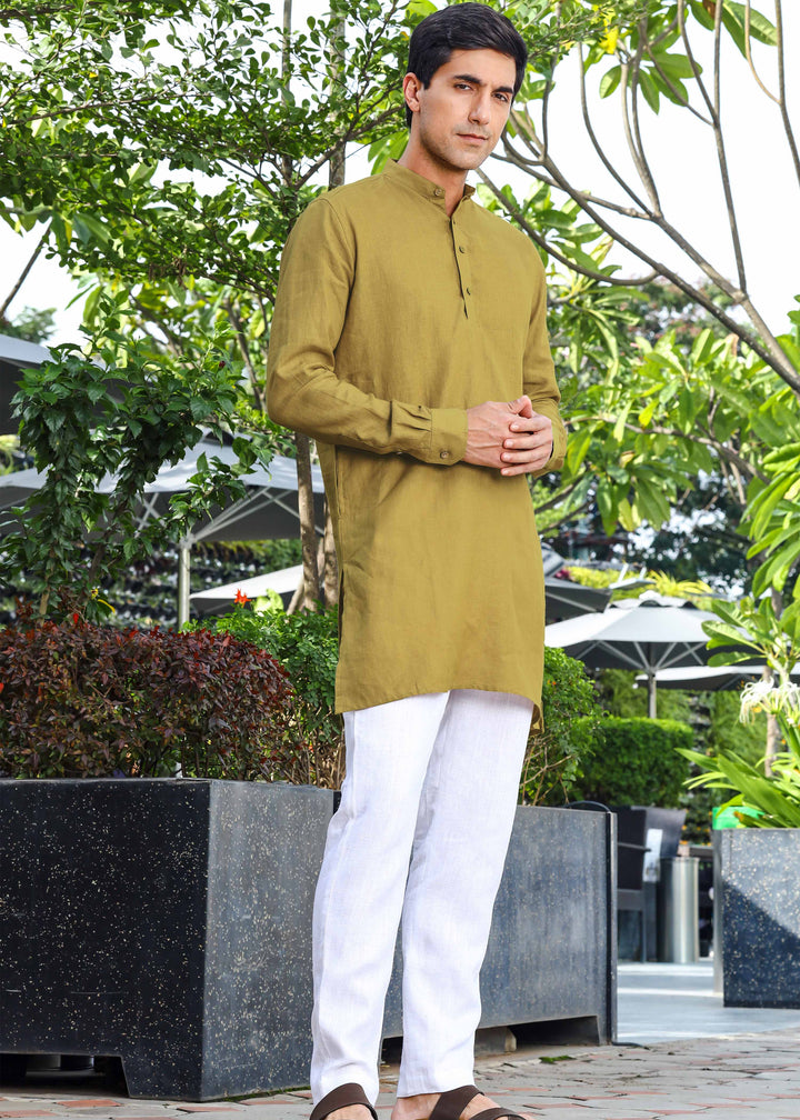 Parker - Full Sleeve Mandarin Collar Pure Linen Kurta - Golden Olive Green