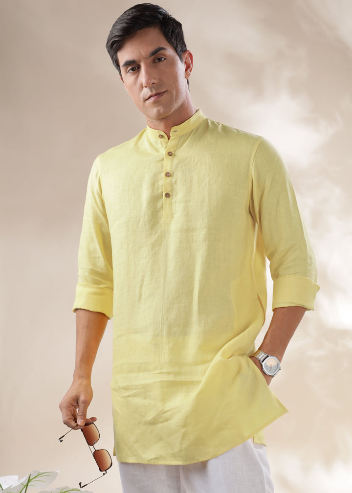 Parker - Full Sleeve Mandarin Collar Pure Linen Kurta - Honeysuckle Yellow