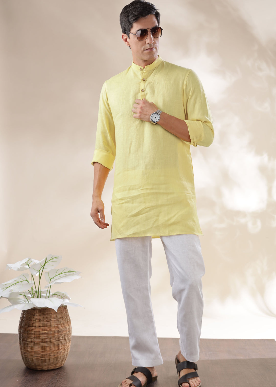 Parker - Full Sleeve Mandarin Collar Pure Linen Kurta - Honeysuckle Yellow