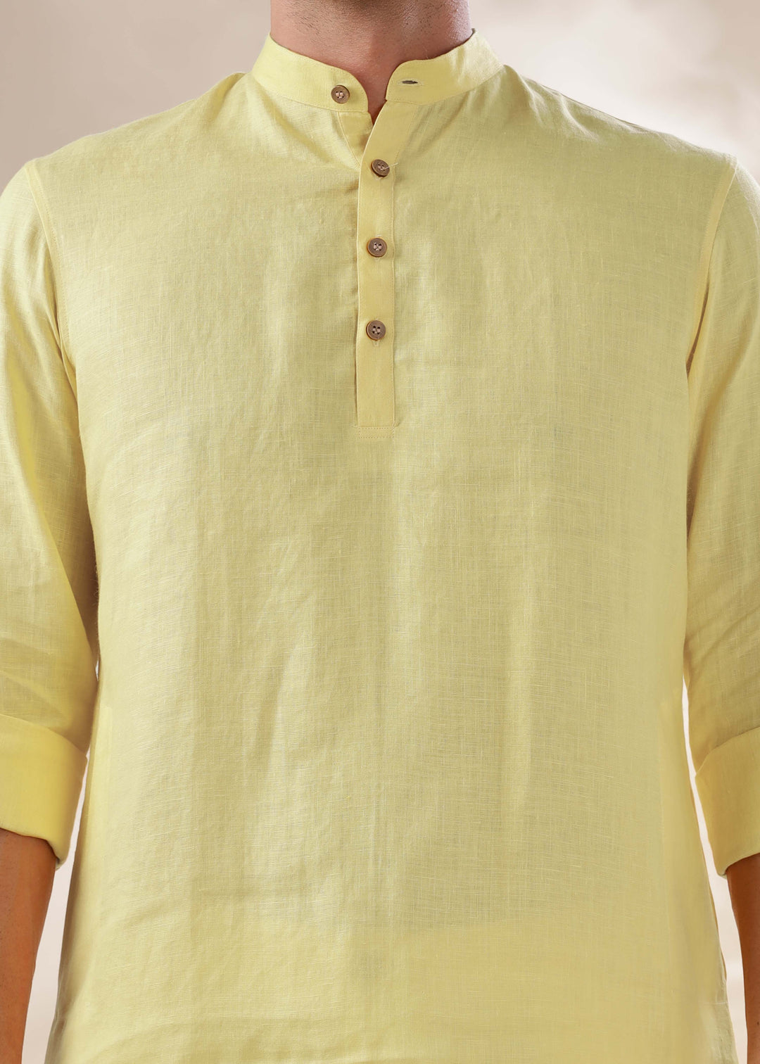 Parker - Full Sleeve Mandarin Collar Pure Linen Kurta - Honeysuckle Yellow
