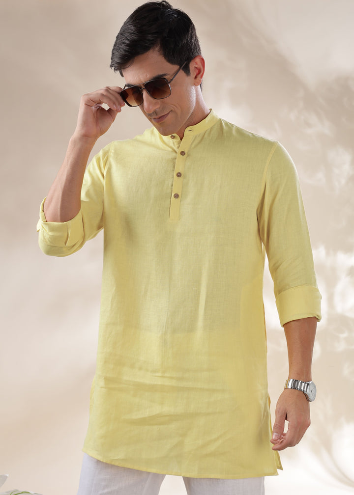 Parker - Full Sleeve Mandarin Collar Pure Linen Kurta - Honeysuckle Yellow