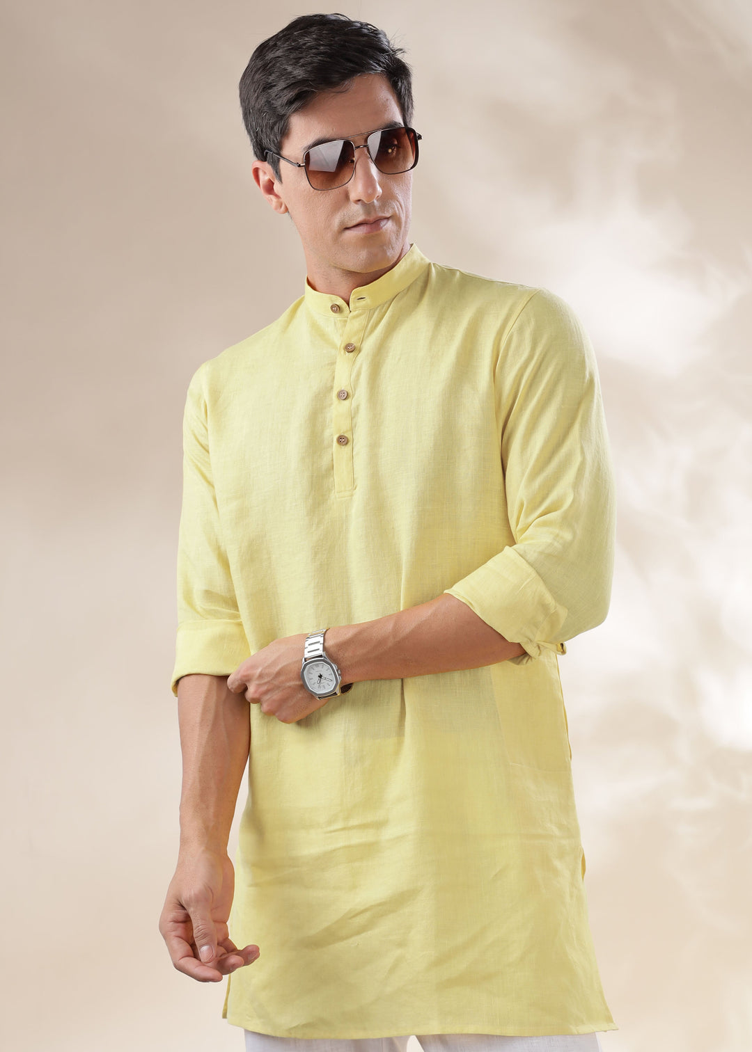 Parker - Full Sleeve Mandarin Collar Pure Linen Kurta - Honeysuckle Yellow