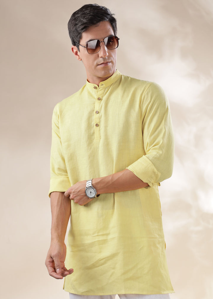 Parker - Full Sleeve Mandarin Collar Pure Linen Kurta - Honeysuckle Yellow