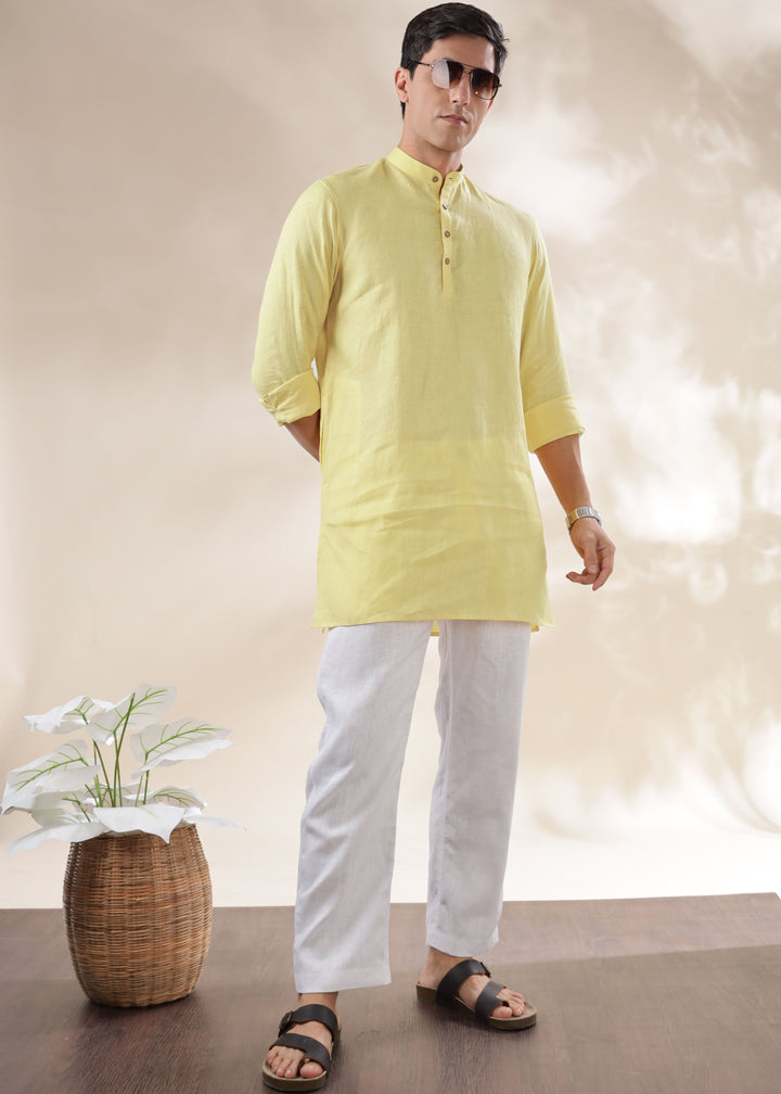 Parker - Full Sleeve Mandarin Collar Pure Linen Kurta - Honeysuckle Yellow