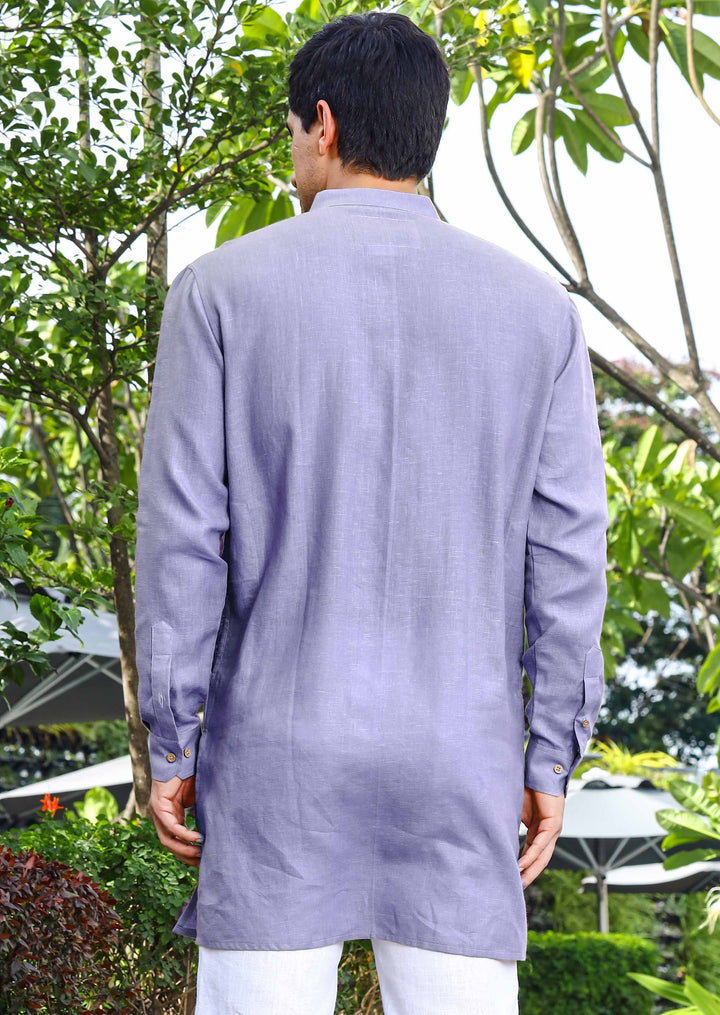 Parker - Full Sleeve Mandarin Collar Pure Linen Kurta - Lavender Violet