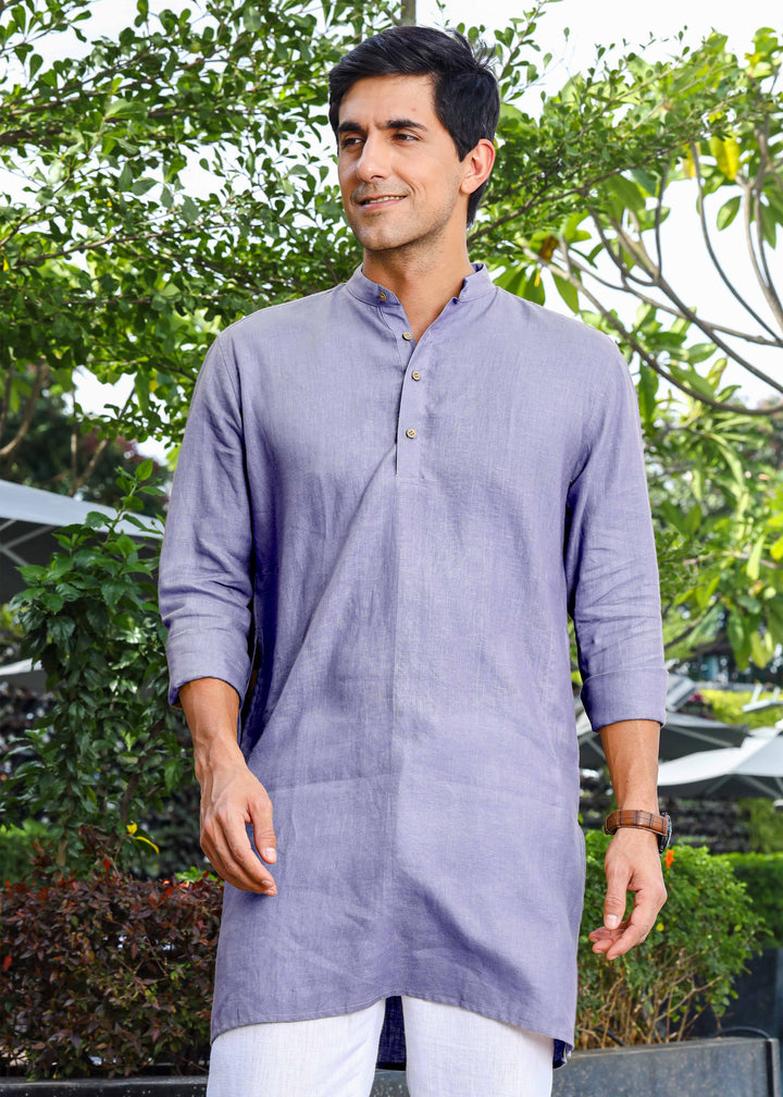 Parker - Full Sleeve Mandarin Collar Pure Linen Kurta - Lavender Violet