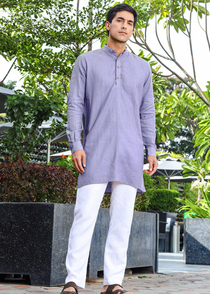 Parker - Full Sleeve Mandarin Collar Pure Linen Kurta - Lavender Violet