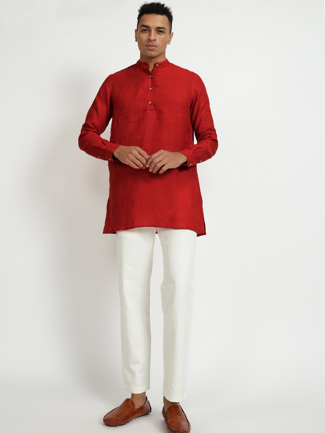 Parker - Full Sleeve Mandarin Collar Pure Linen Short Kurta - Mud Red