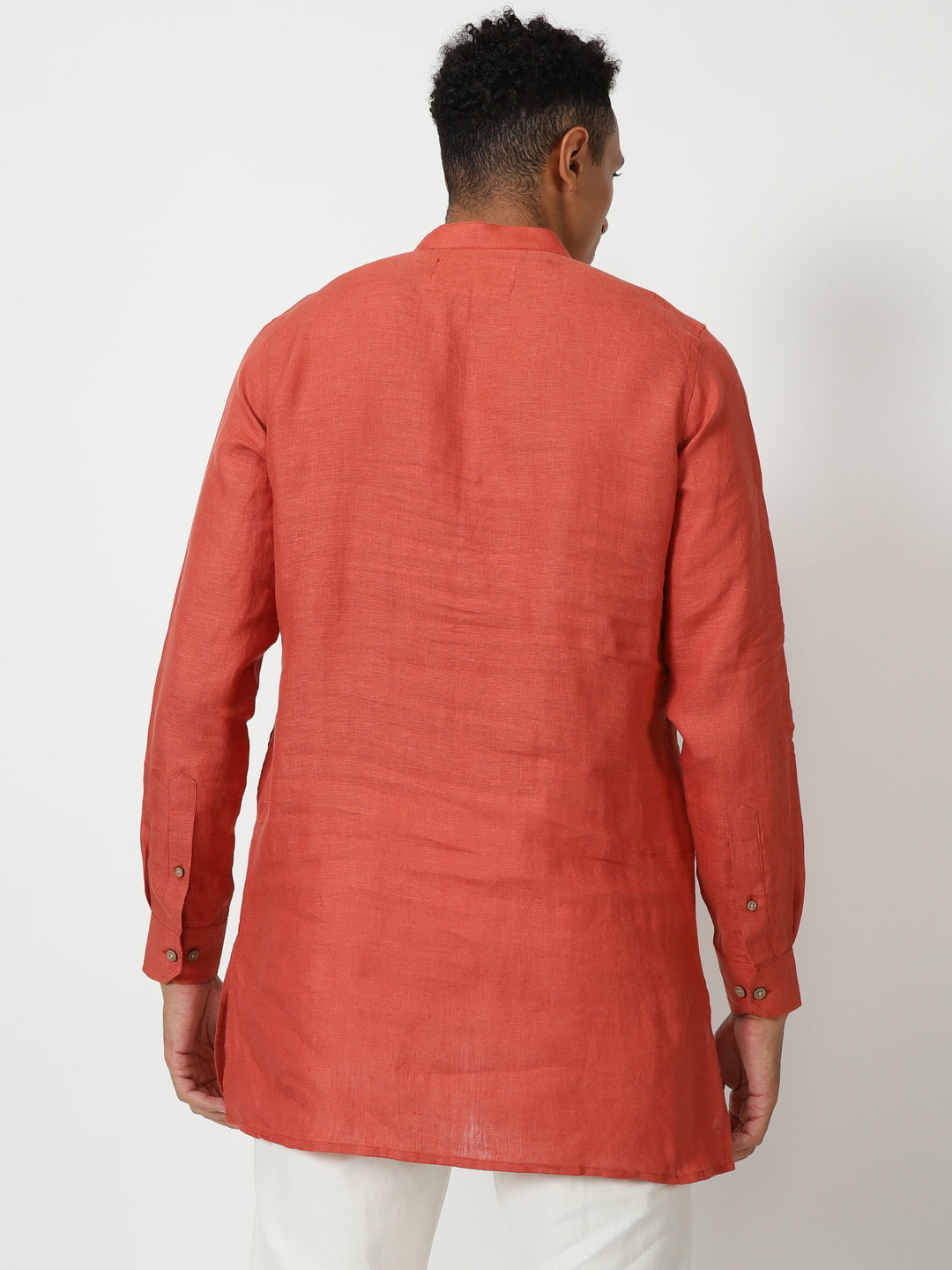 Parker - Full Sleeve Mandarin Collar Pure Linen Short Kurta - Saffron Red