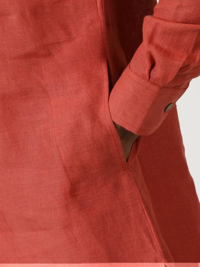 Parker - Full Sleeve Mandarin Collar Pure Linen Short Kurta - Saffron Red