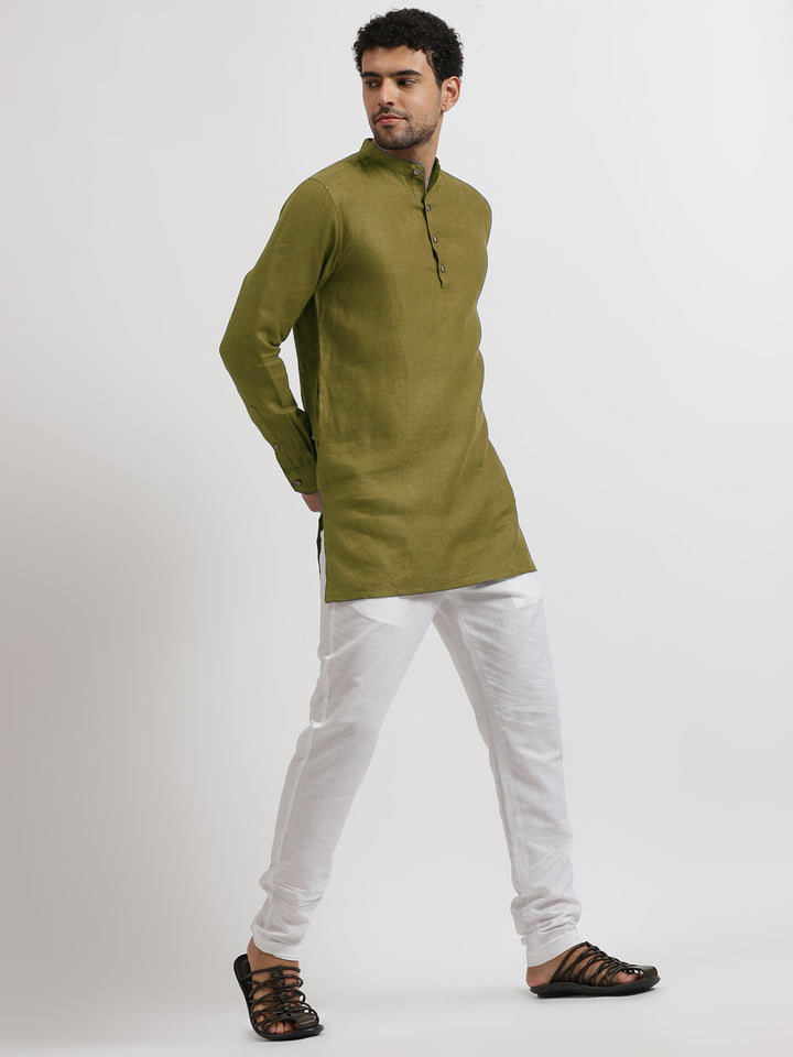 Parker - Full Sleeve Mandarin Collar Pure Linen Short Kurta -Sap Green