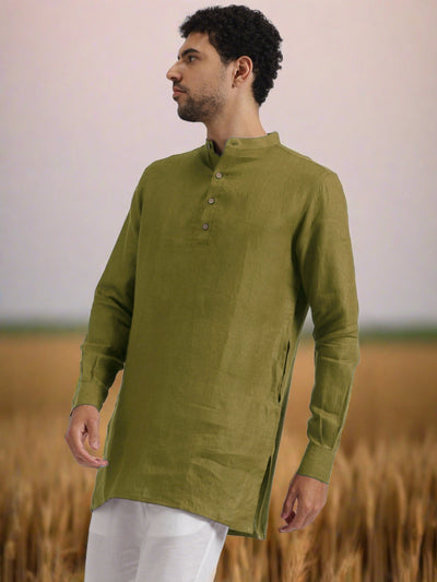 Parker - Full Sleeve Mandarin Collar Pure Linen Short Kurta -Sap Green