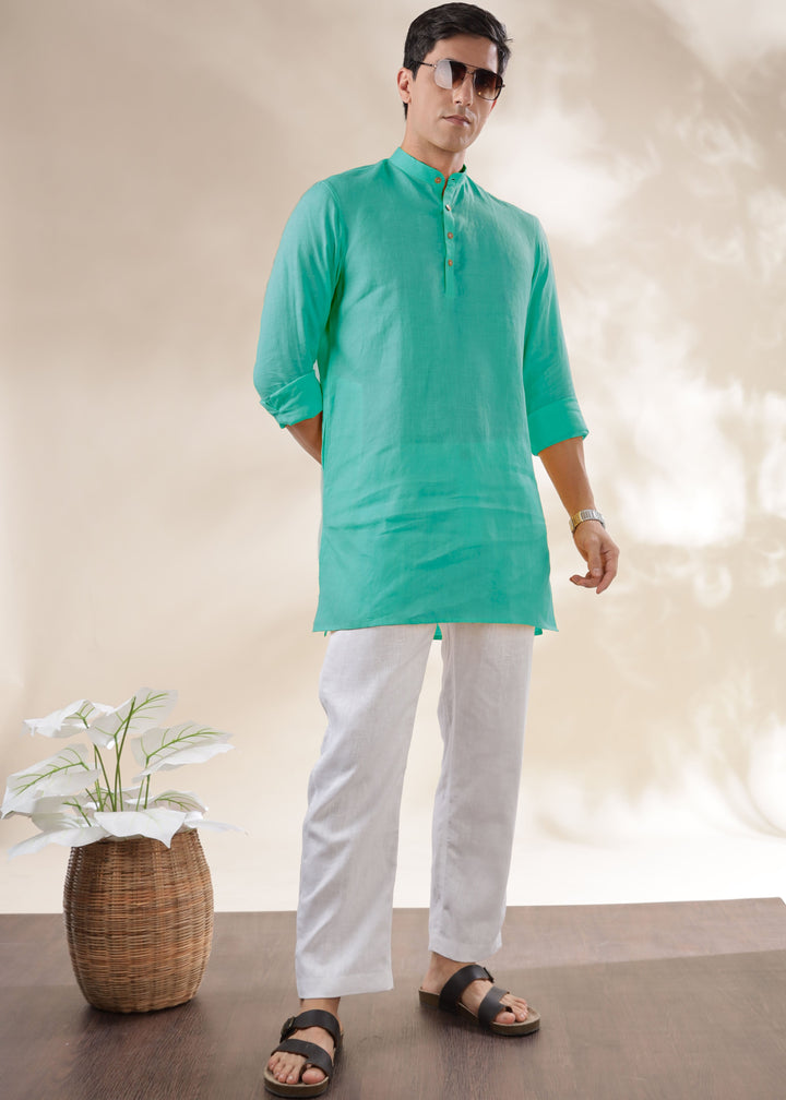 Parker - Full Sleeve Mandarin Collar Pure Linen Kurta - Spearmint Green