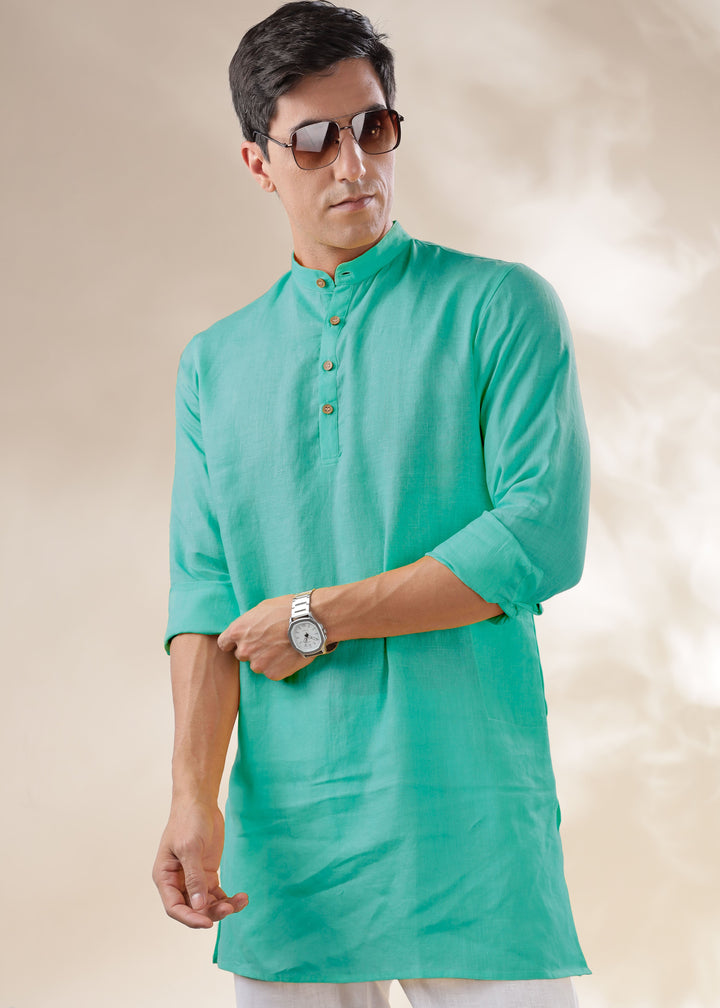 Parker - Full Sleeve Mandarin Collar Pure Linen Kurta - Spearmint Green