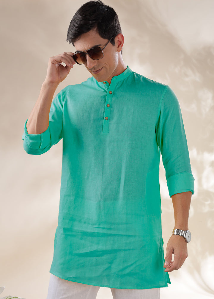 Parker - Full Sleeve Mandarin Collar Pure Linen Kurta - Spearmint Green