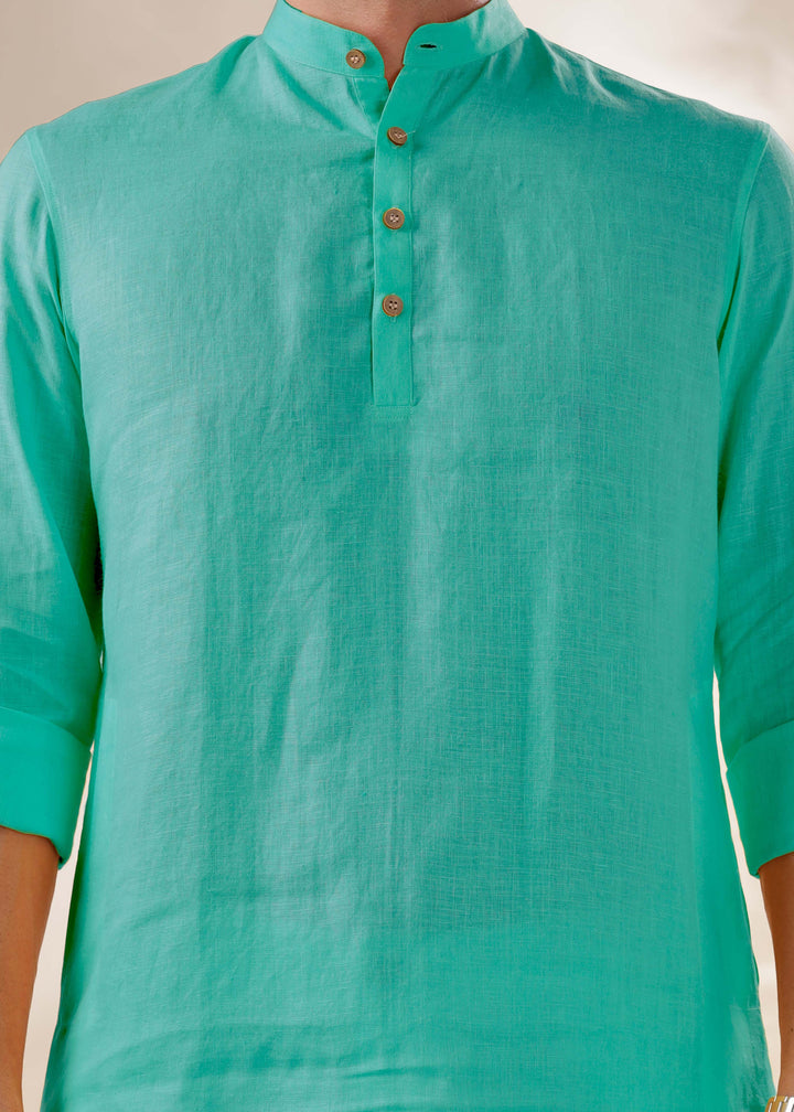 Parker - Full Sleeve Mandarin Collar Pure Linen Kurta - Spearmint Green