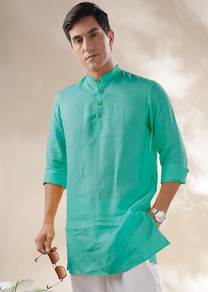 Parker - Full Sleeve Mandarin Collar Pure Linen Kurta - Spearmint Green