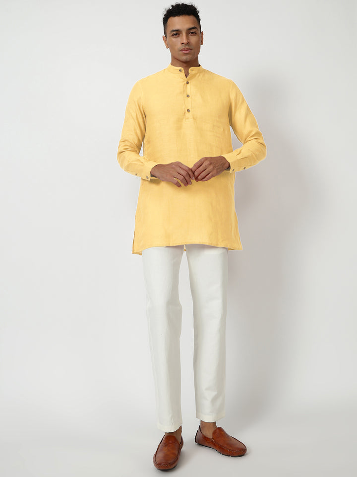 Parker - Full Sleeve Mandarin Collar Pure Linen Short Kurta - Spectra Yellow