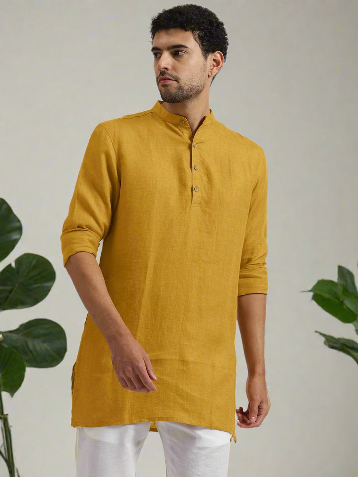 Parker - Full Sleeve Mandarin Collar Pure Linen Short Kurta - Spicy Mustard