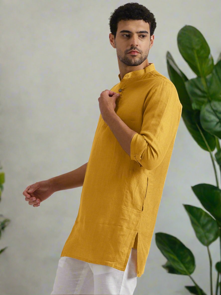 Parker - Full Sleeve Mandarin Collar Pure Linen Short Kurta - Spicy Mustard