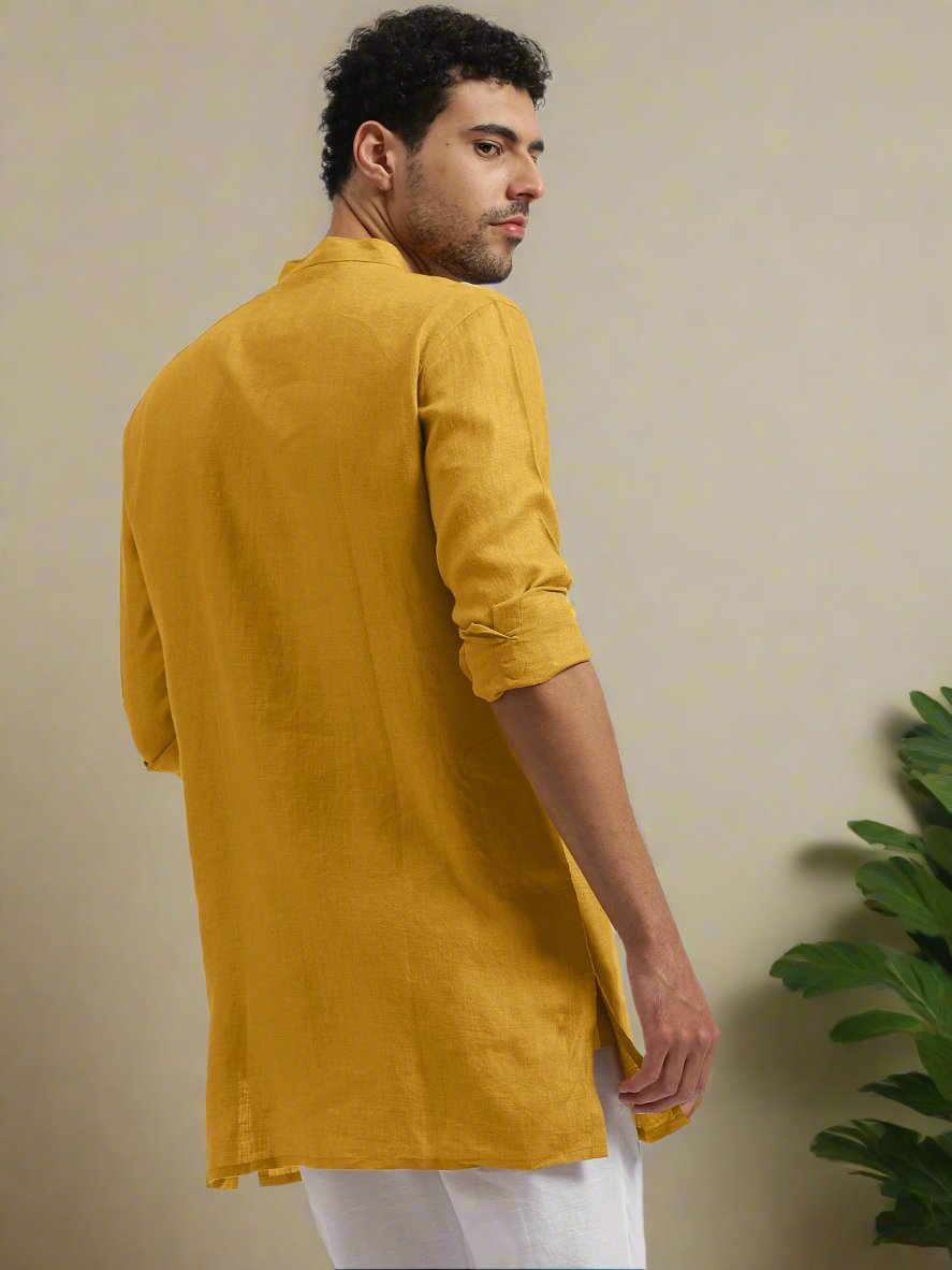 Parker - Full Sleeve Mandarin Collar Pure Linen Short Kurta - Spicy Mustard