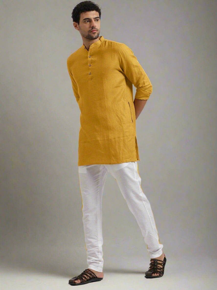 Parker - Full Sleeve Mandarin Collar Pure Linen Short Kurta - Spicy Mustard