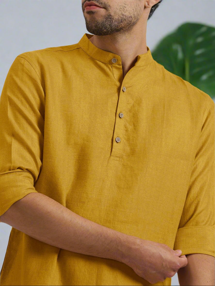 Parker - Full Sleeve Mandarin Collar Pure Linen Short Kurta - Spicy Mustard