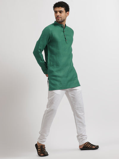 Parker - Full Sleeve Mandarin Collar Pure Linen Short Kurta - Teal Green