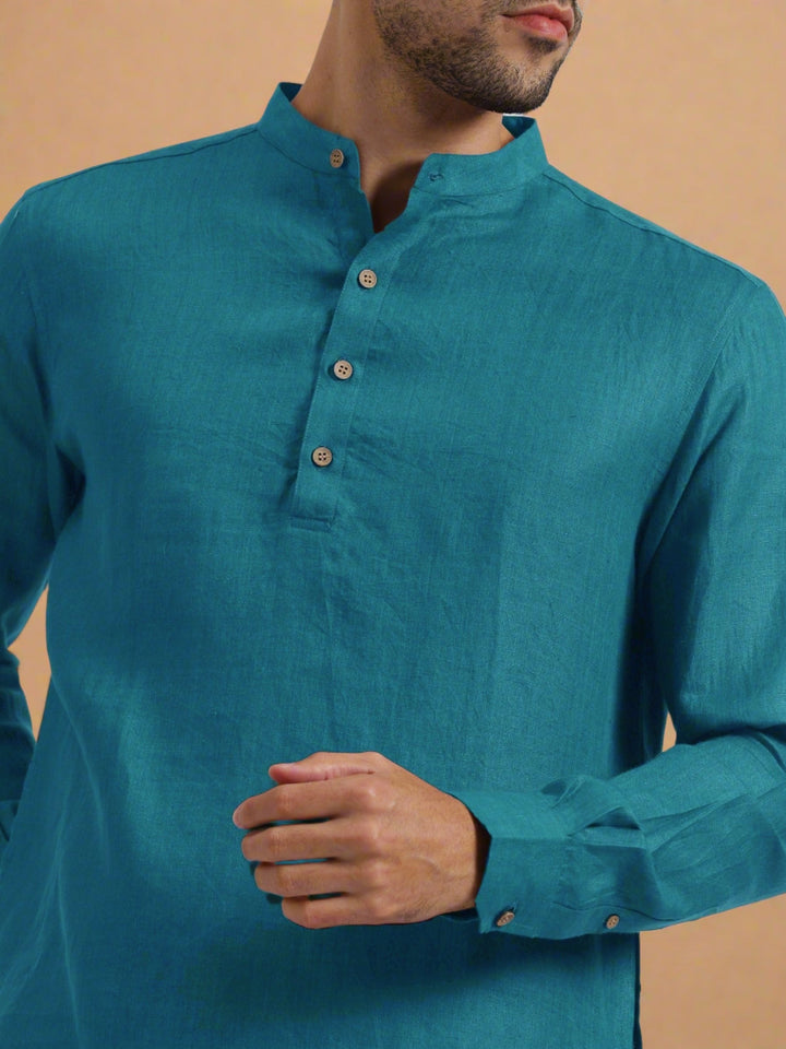 Parker - Full Sleeve Mandarin Collar Pure Linen Short Kurta - Peacock Blue