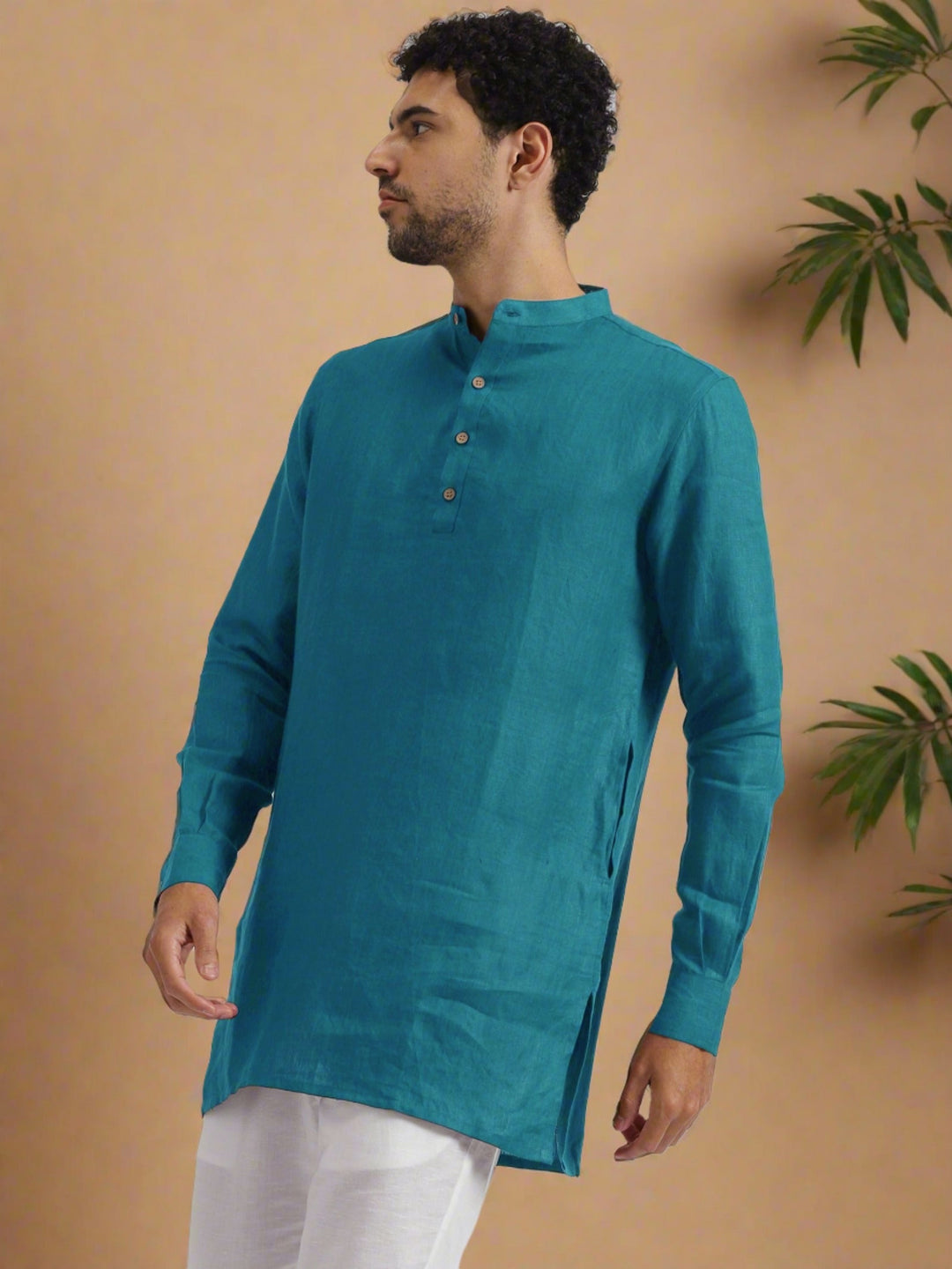 Parker - Full Sleeve Mandarin Collar Pure Linen Short Kurta - Peacock Blue