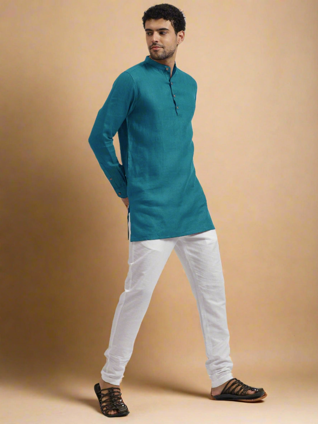 Parker - Full Sleeve Mandarin Collar Pure Linen Short Kurta - Peacock Blue