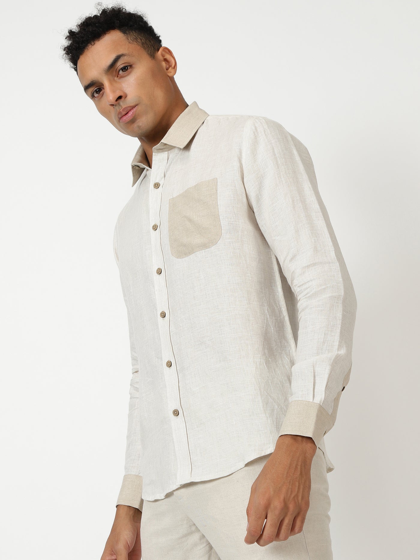 Pascal- Pure Linen Colour Block Full Sleeve Shirt - Ecru