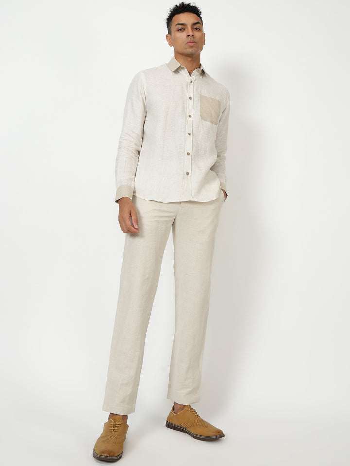 Pascal- Pure Linen Colour Block Full Sleeve Shirt - Ecru