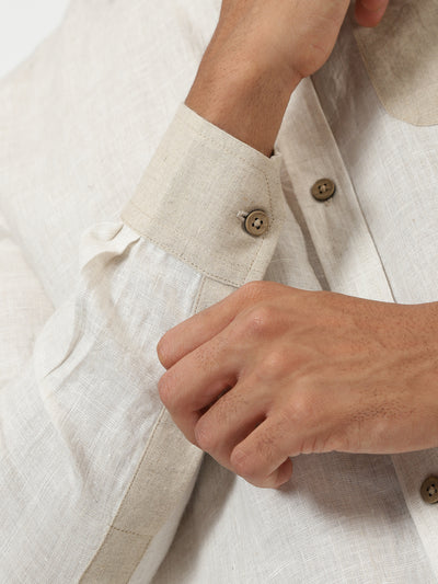Pascal- Pure Linen Colour Block Full Sleeve Shirt - Ecru