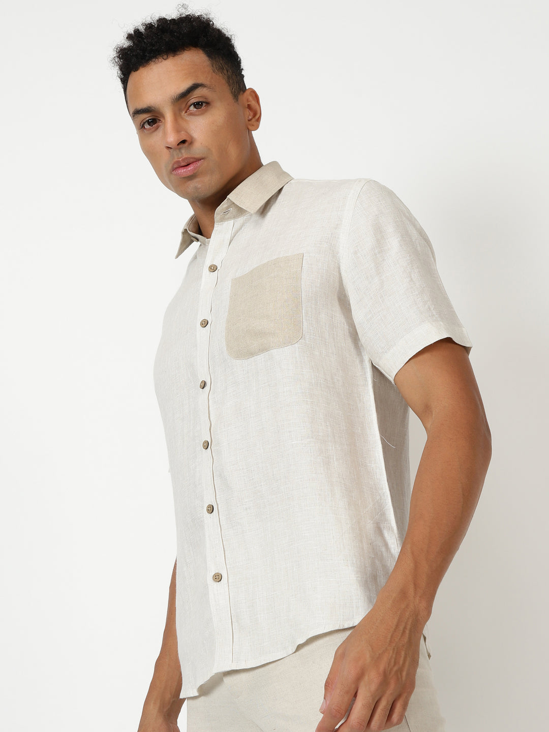 Pascal - Pure Linen Colour Block Short Sleeve Shirt - Ecru