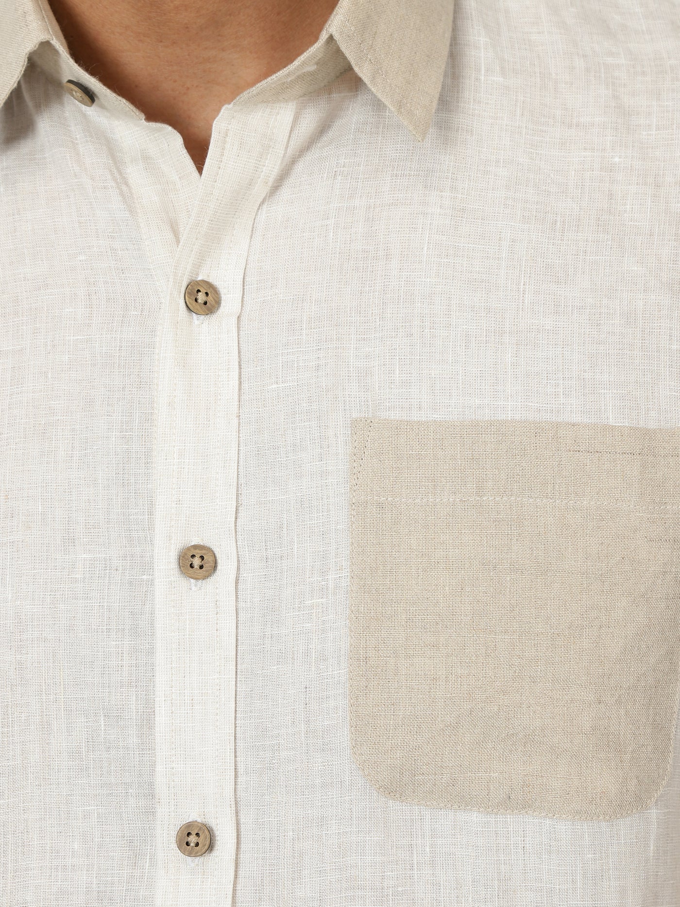 Pascal - Pure Linen Colour Block Short Sleeve Shirt - Ecru