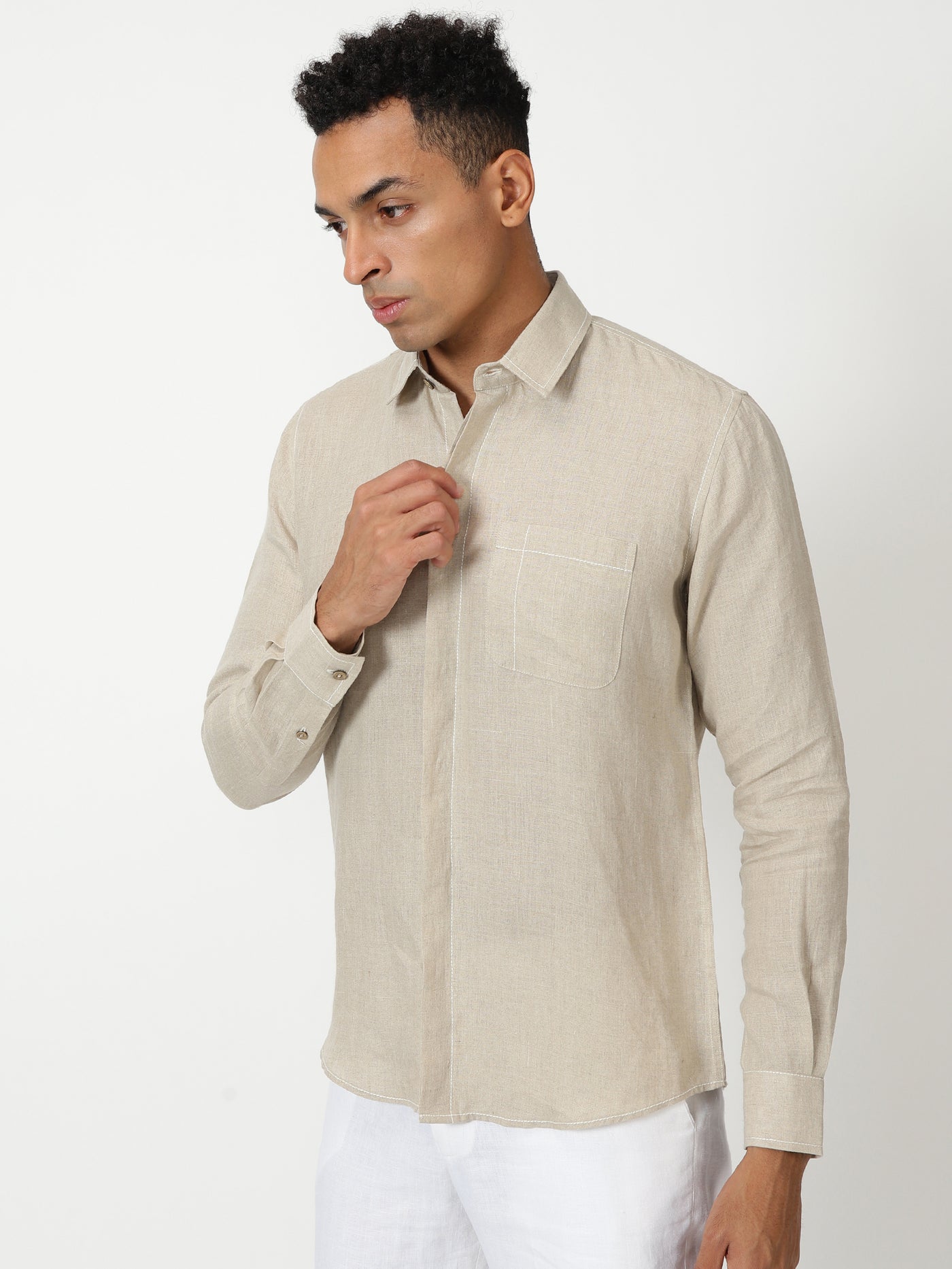 Paul - Pure Linen Stitch Detailed Full Sleeve Shirt - Dark Ecru