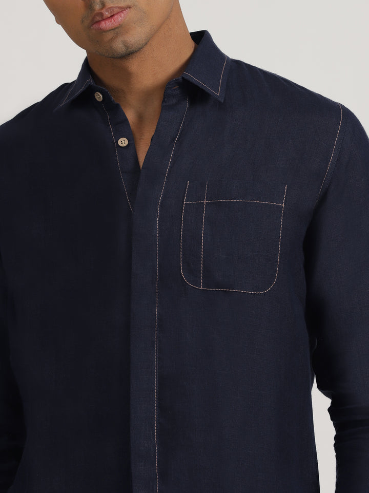 Paul - Pure Linen Stitch Detailed Full Sleeve Shirt - Dark Blue