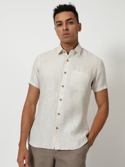 Peter - Pure Linen Stitch Detailed Half Sleeve Shirt - Light Ecru