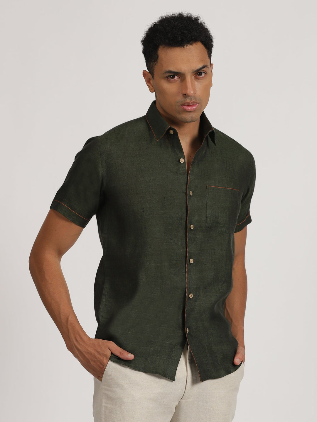 Peter - Pure Linen Stitch Detailed Half Sleeve Shirt - Forest Green | Rescue