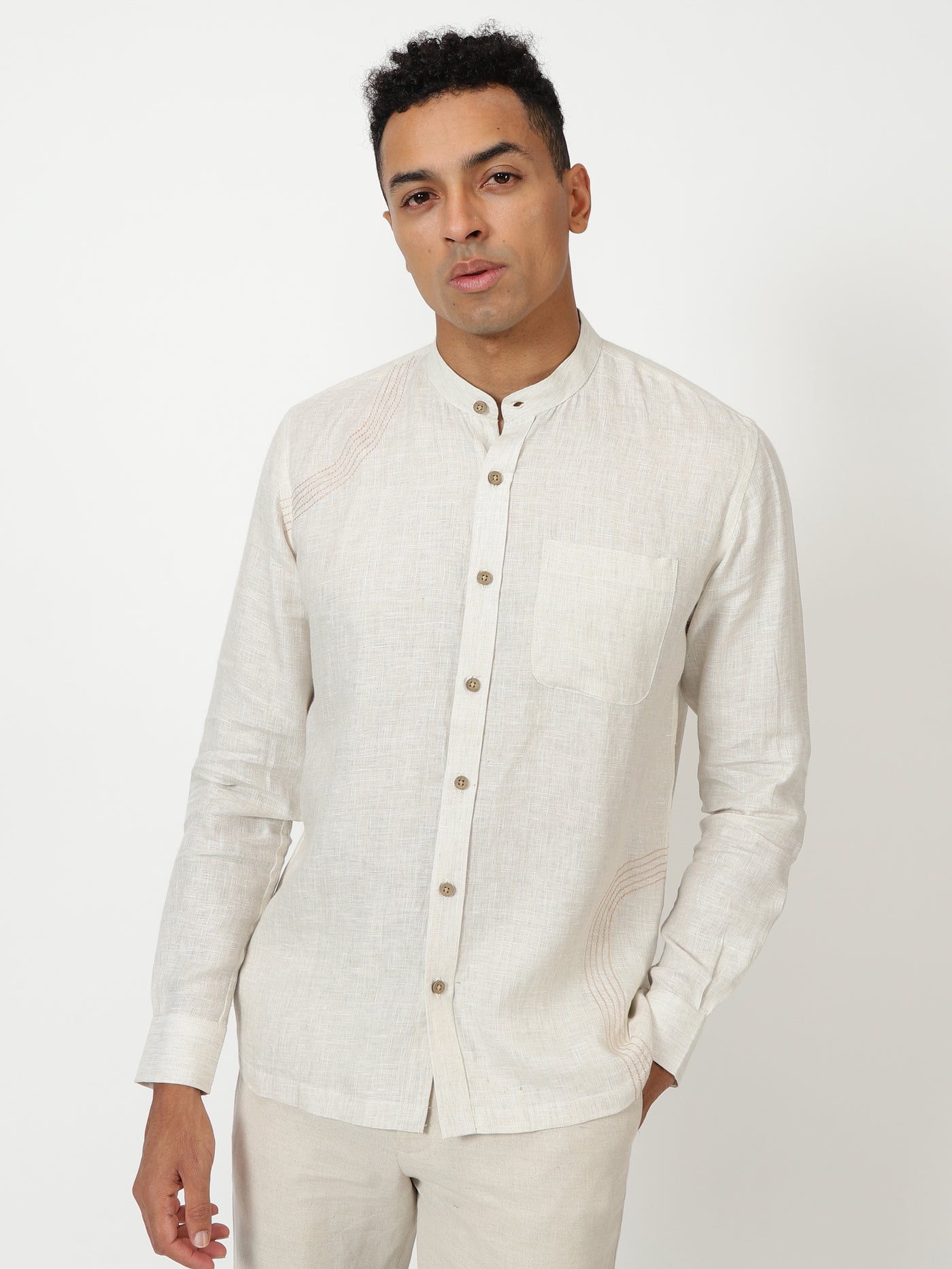 Pietro - Full Sleeve Stitch Detailed Pure Linen Shirt - Light Ecru