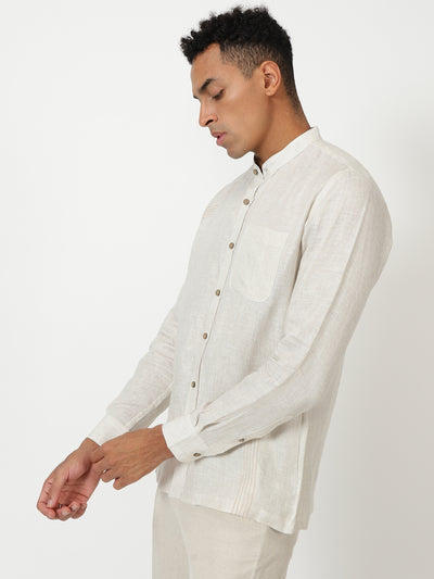 Pietro - Full Sleeve Stitch Detailed Pure Linen Shirt - Light Ecru