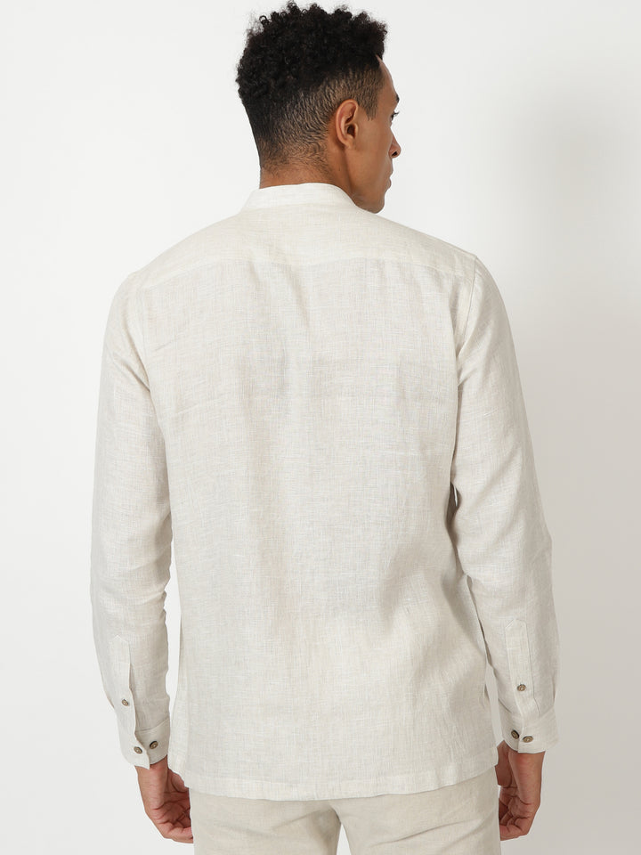 Pietro - Full Sleeve Stitch Detailed Pure Linen Shirt - Light Ecru