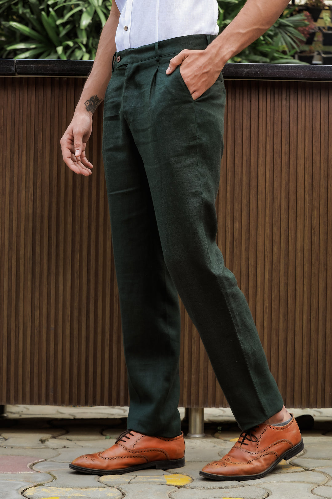 Dark Green Pleated Pure Linen Trousers by Linen Trail Dark Green Pleated Pure Linen Trousers by Linen Trail