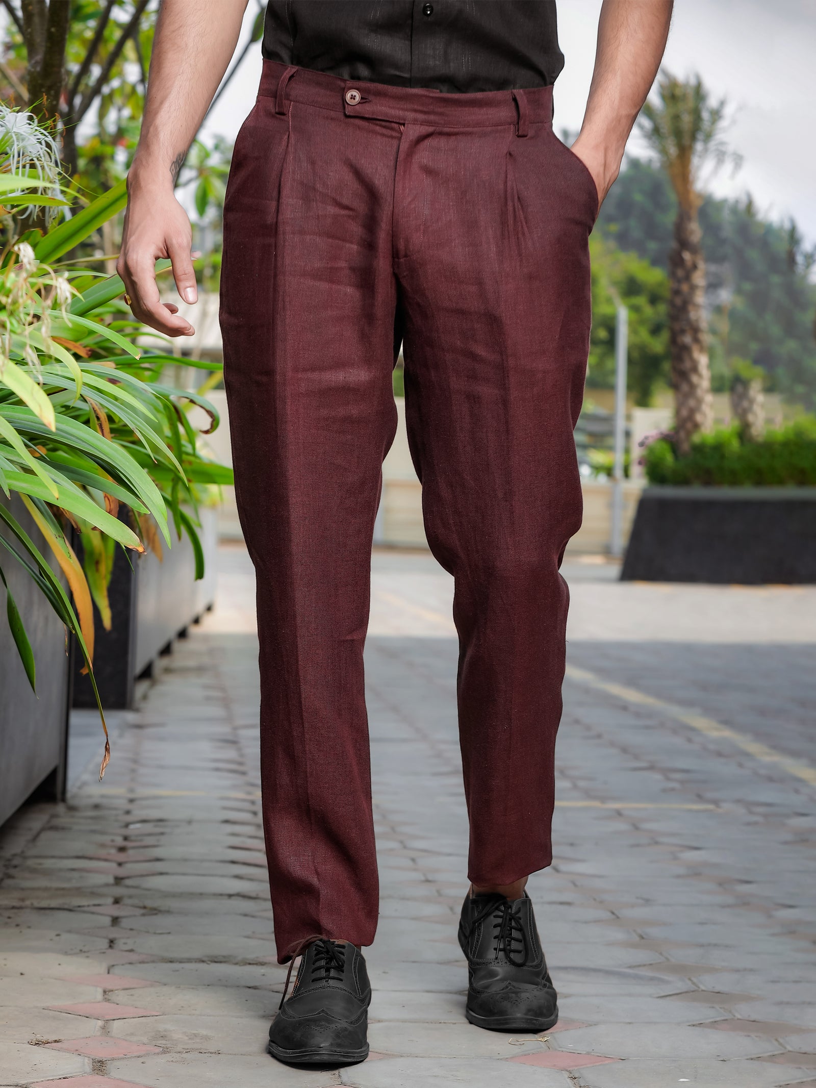 Regular fit Sand Linen pleated Trousers