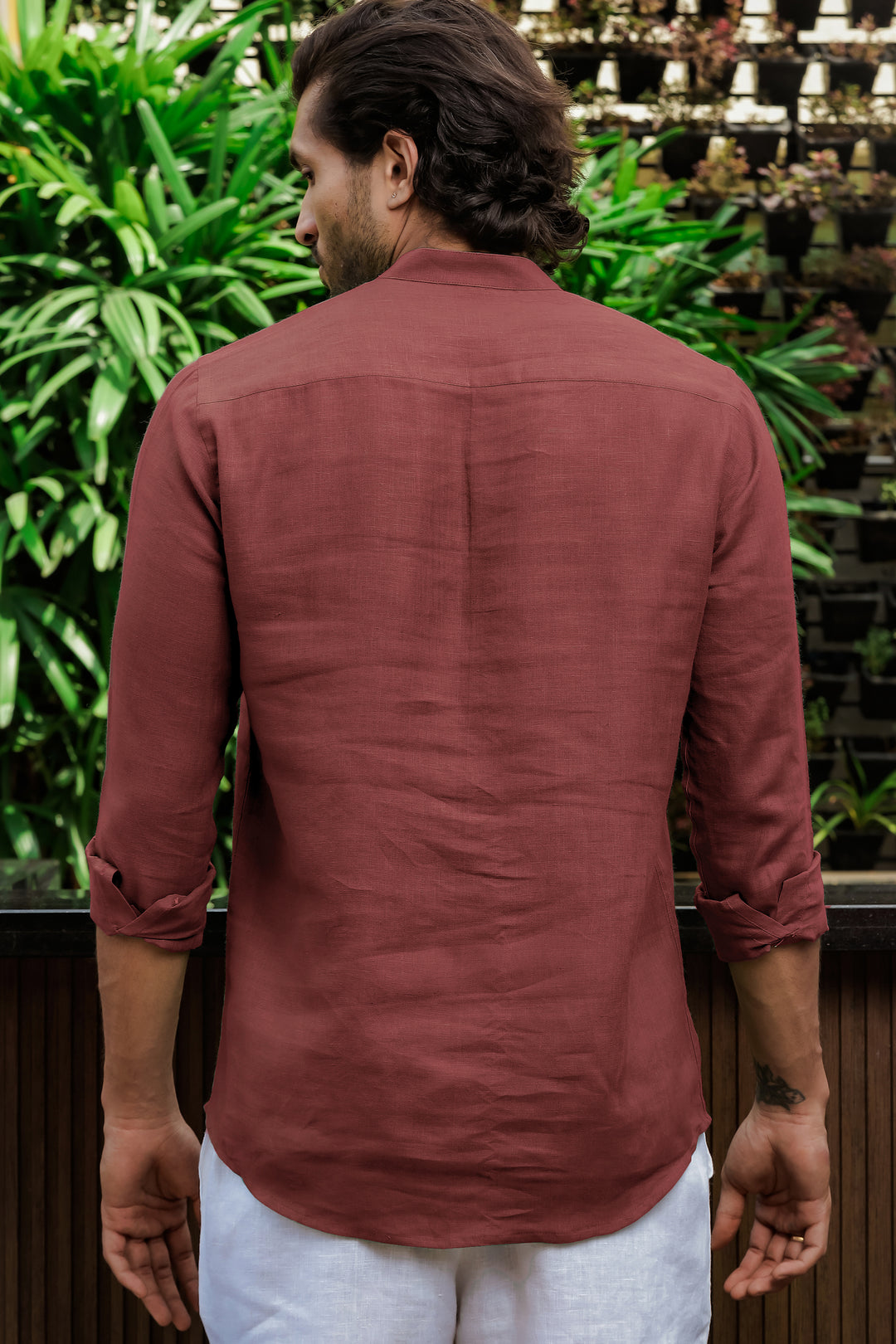 Quinn Half Placket Pure Linen Full Sleeve Shirt - Terracotta Red