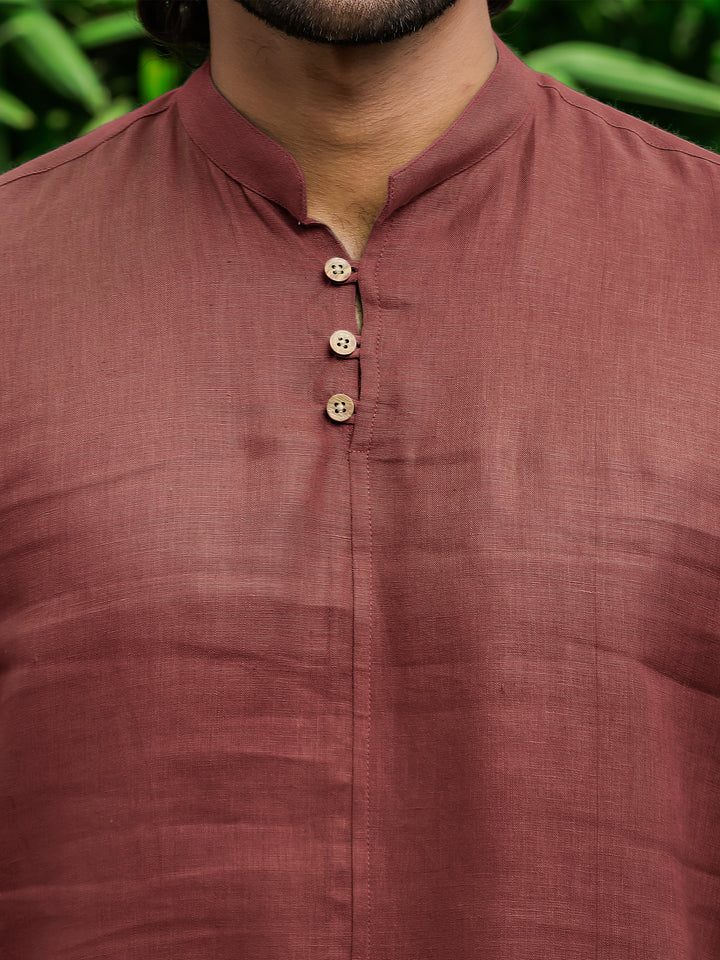 Quinn Half Placket Pure Linen Full Sleeve Shirt - Terracotta Red