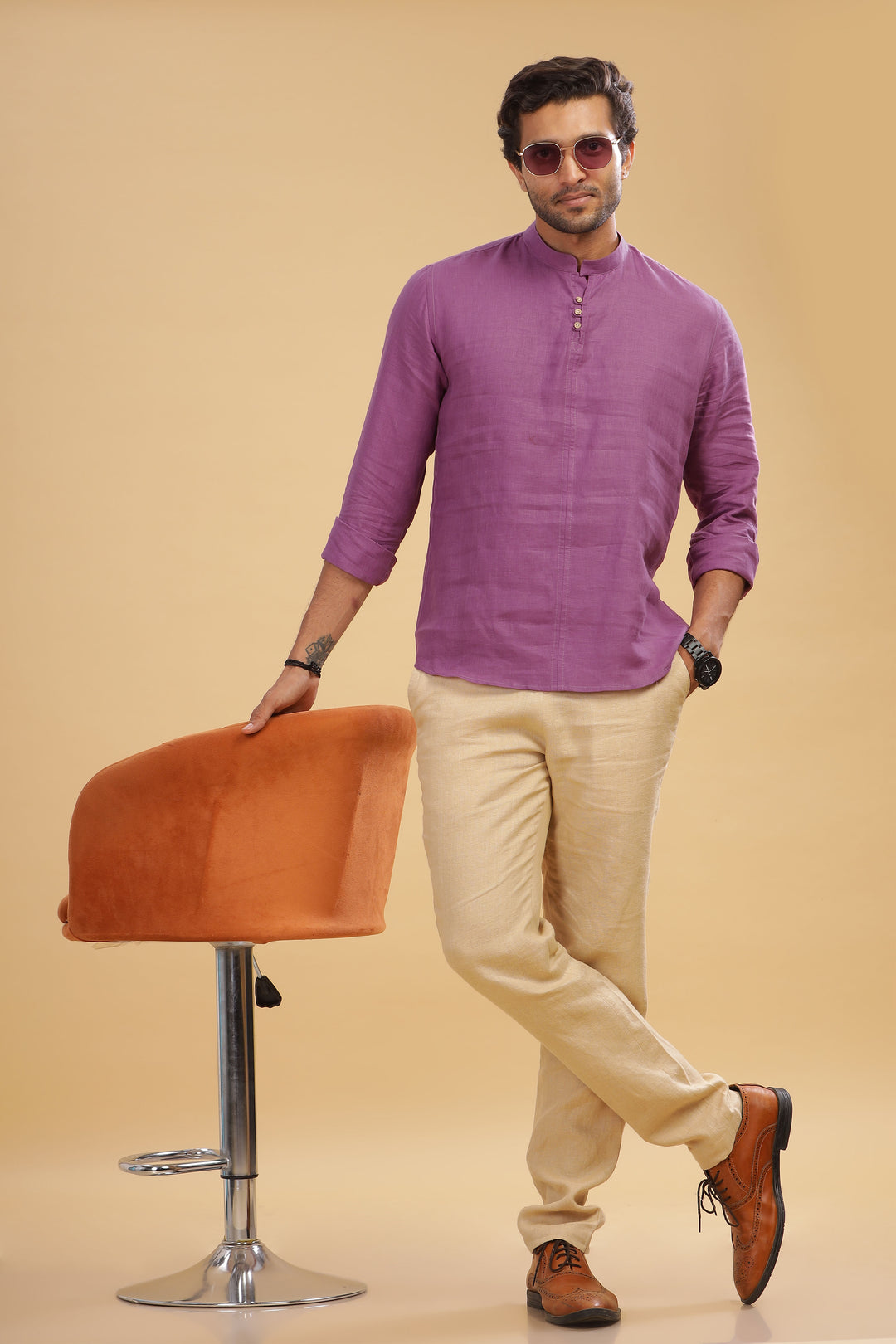 Quinn Half Placket Pure Linen Full Sleeve Shirt - Berry Purple