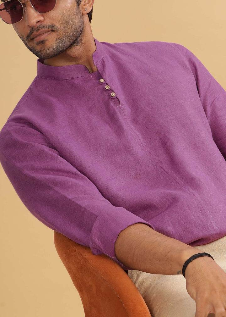 Quinn Half Placket Pure Linen Full Sleeve Shirt - Berry Purple