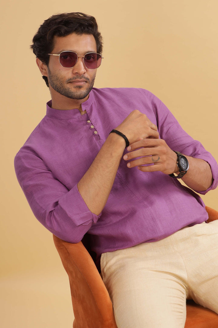 Quinn Half Placket Pure Linen Full Sleeve Shirt - Berry Purple